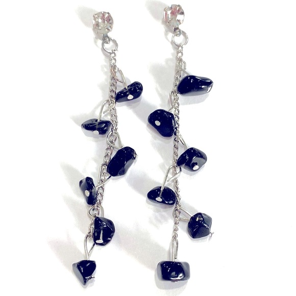 Drop Earrings Black Semi Precious Stones Silver Tone Rhinestone - Picture 2 of 4